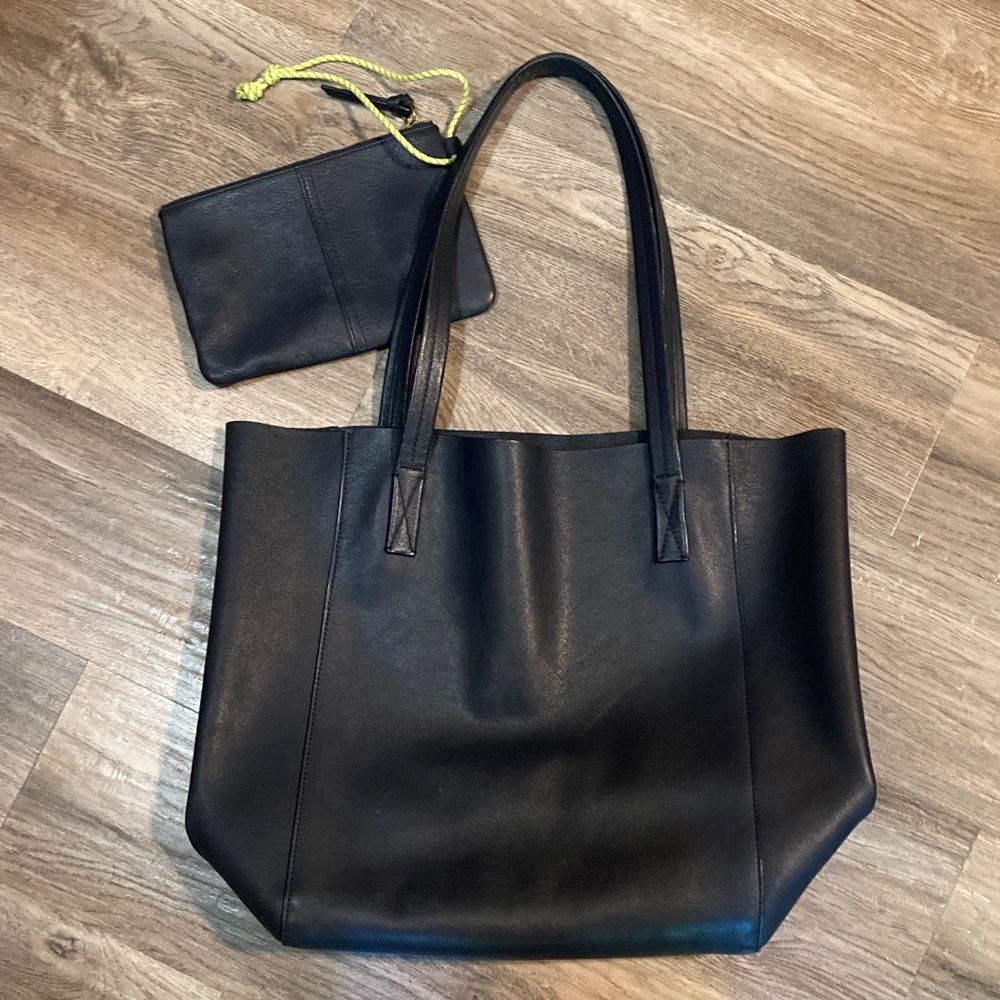 J. Crew Navy Blue Leather Tote with Small Matching Zipper Pouch